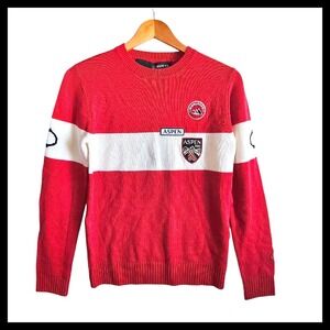 AspenX Wool Sweater Pullover Striped Logo Patches Red White Medium NWT